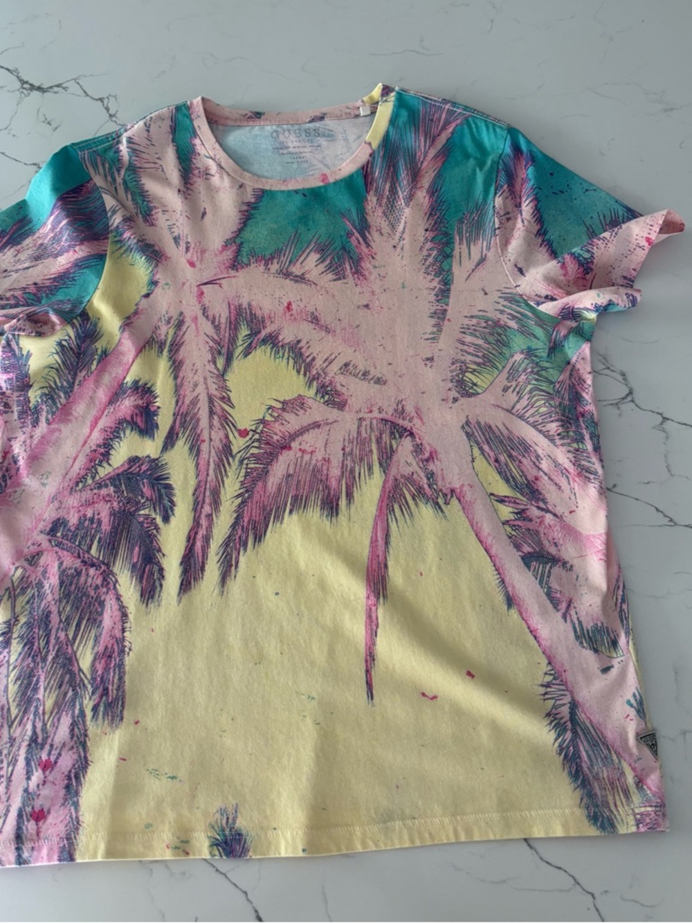 Guess Tropical Palm Graphic Tee in Pastel Yellow, Pink, Teal